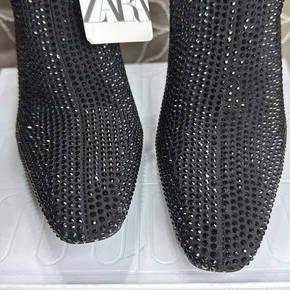 (W2) ZARA Women's Black Rhinestone Heeled Ankle Boots Size 37/6.5US - Picture 5 of 12